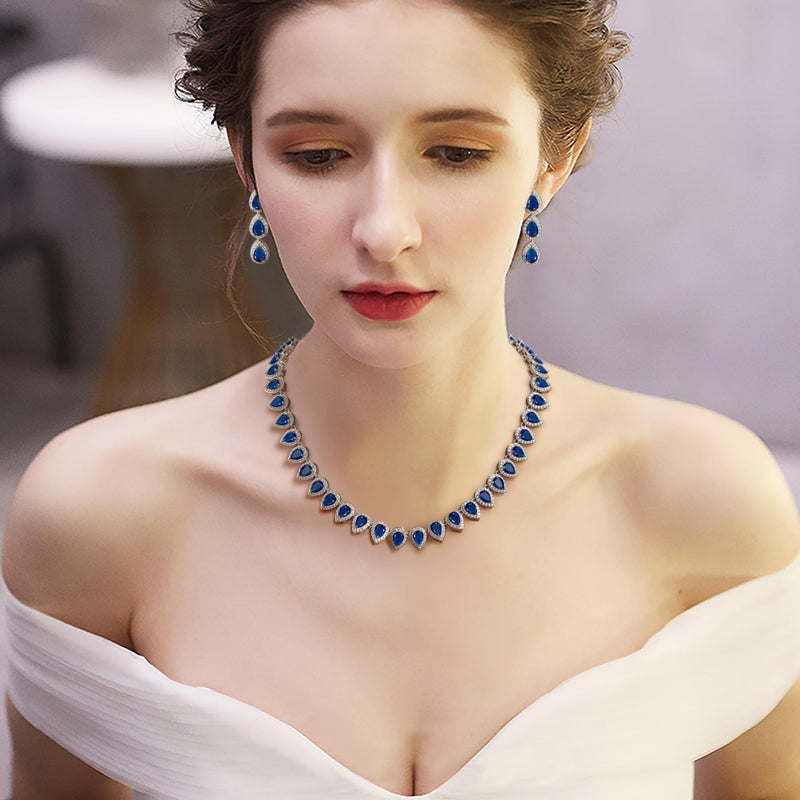 EleQueen Women's Wedding Bridal Full Prong Cubic Zirconia Teardrop Necklace Earrings Set for Brides Bridesmaids Sapphire Color - Image 3